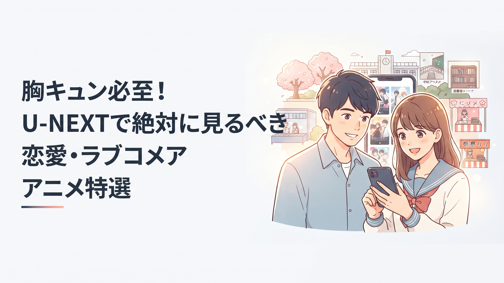 スマートフォンで恋愛アニメを選ぶ男女と15作品を象徴する学園風景